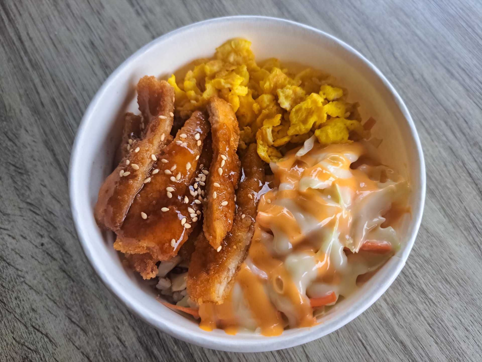Tasty Chicken Katsu Rice Bowl In Paper Cup. Serving With Fried Egg And Pickled. Food Menu.